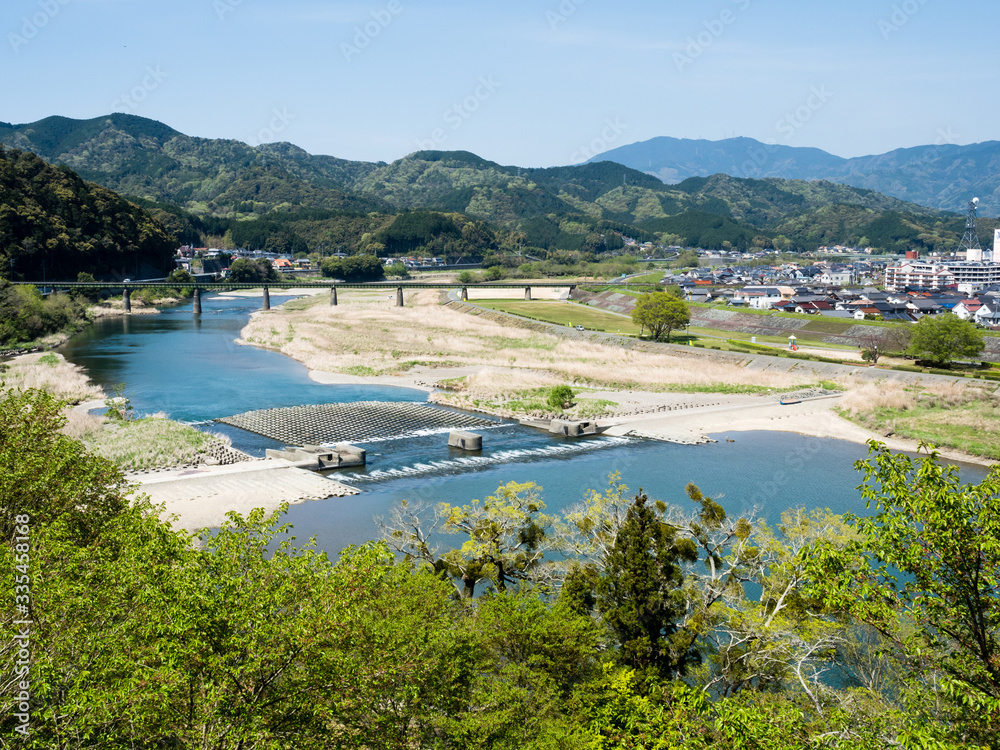 View of Hijikawa river and Ozu town from the top of Ozu castle - Ehime prefecture, Japan