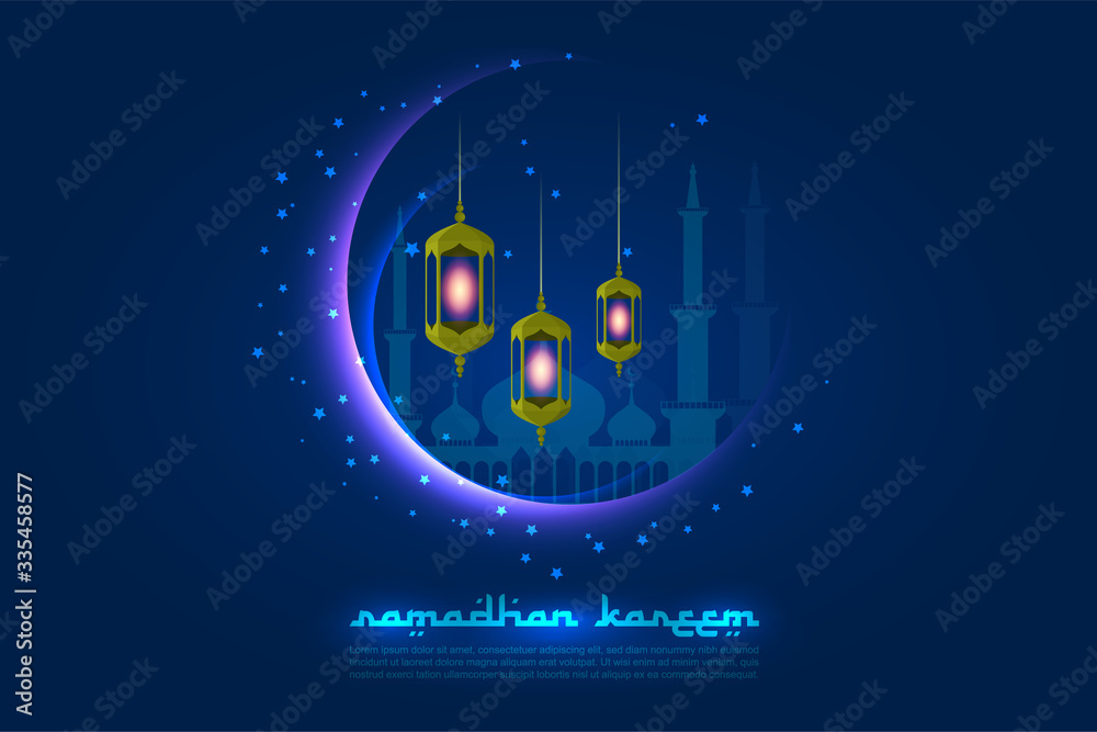 Obraz premium Ramadan Kareem. Glowing moon, a Mosque, an Arabic lantern and stars in the dark blue sky. Greeting card design, an invitation for Muslim's holy month,