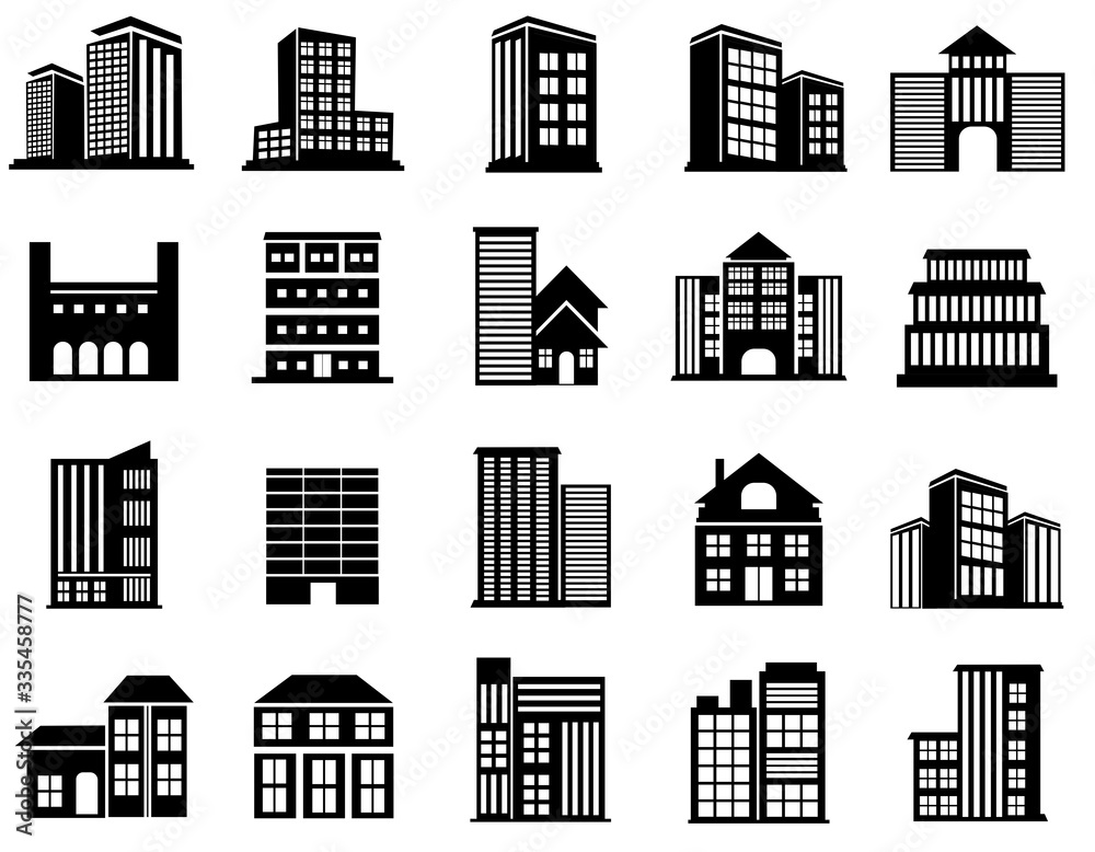 set of Building symbol vector. Hospital, hotel, apartment, skyscraper, school, house modern icon illustration design, white background 