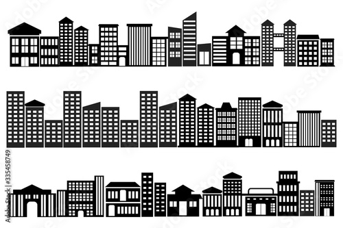 City icon set vector, Town icons,  silhouette cities symbol in landscape design with white background colour. building icons illustration