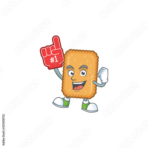 Cartoon character concept of biscuit holding red foam finger