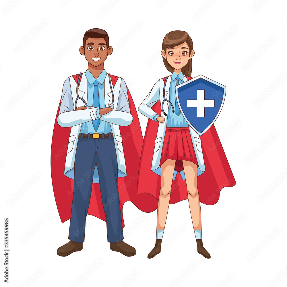 super doctors interracial couple with hero cloak vs covid19