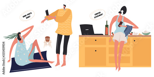 Nice set of flat vector illustrations with people who are at home. Illustrations about a home photo shoot and cooking experiments.