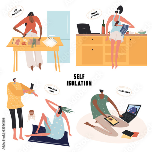 Set of bright flat vector illustrations with people in self-isolation at home. Vector illustrations of everyday activities: online course, culinary experiments, food preparation and photo shoot.