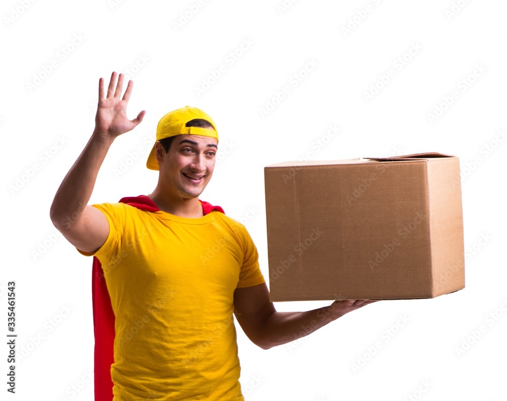 Super hero delivery guy isolated on white