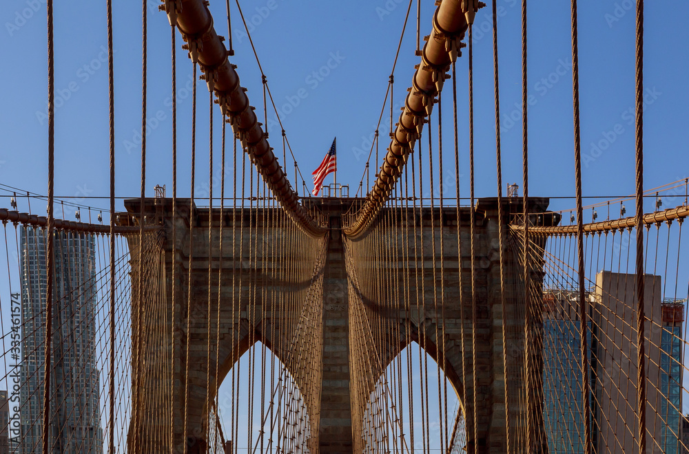 Fototapeta premium View of upward image of Brooklyn Bridge, New York City