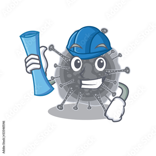 Cartoon character of articulavirales brainy Architect with blue prints and blue helmet