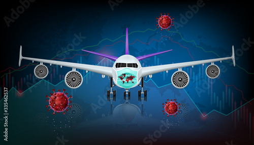 The economic crisis impact of the airline and travel tourism business from the outbreak of the disease Coronavirus or Covid-19. Vector illustration design.