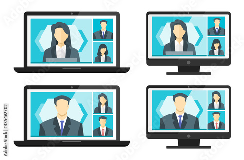 3 Panels Online Virtual Remote Meetings, PC Video Web Conference Teleconference. Company CEO President Executive Manager Boss Employee Team Work Learn From Home WFH Live Stream Webinars