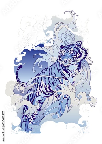 Tiger Hiking in Ocean wave and cloud design with ink Chinese or Japanese illustration vector for tattoo with blue Porcelain tone and white background