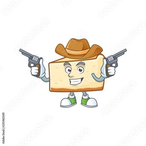 A cowboy cartoon character of cheese cake holding guns