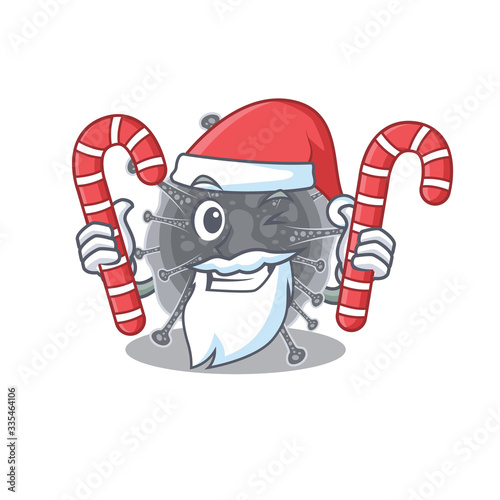 Friendly articulavirales in Santa Cartoon character holds Christmas candies