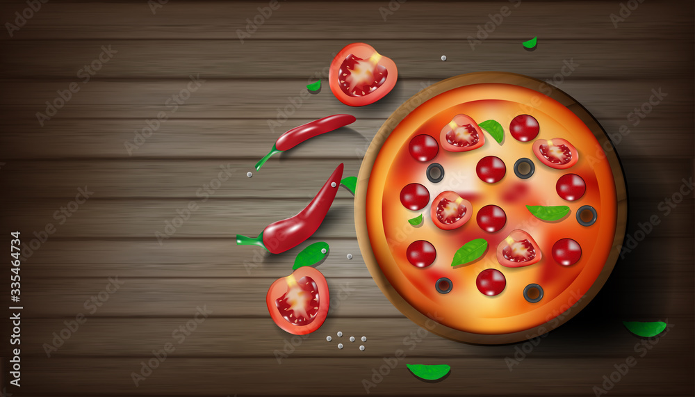Fototapeta Pizza on wood texture background. Vector illustration design.