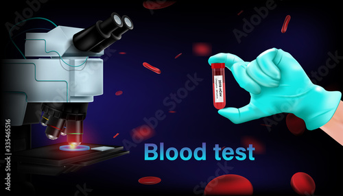 Pandemic flu novel coronavirus or covid-19 disease and antiviral drug concept. Microscope and blood test on laboratory equipment research. Vector illustration design.