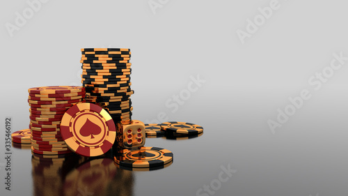 Gambling leisure game concept background with elegant golden chips and dice for Poker, Blackjack or Baccarat game. 3D Render photo