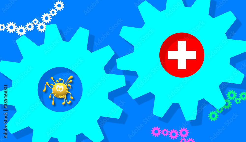 World coronavirus pandemic. Teamwork. 3d Illustration with the flag inside gears of Switzerland and representation of the covid-19, drawing of the virus. EU.