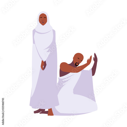 couple of people pilgrims hajj standing on white background