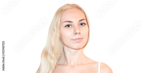 Close-up portrait of a beautiful young woman. Skin care concept. Natural look. Beauty portrait. Spa and health. Perfect makeup. 
