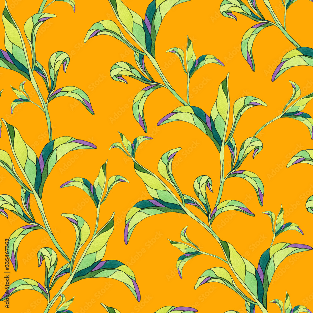 leafy print on an orange background, seamless pattern with leaves, watercolor mosaic texture.