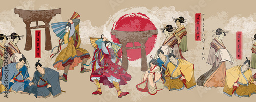Japanese horizontal seamless pattern. Samurai, red sun and geishas. Ancient illustration. Classical engraving art. Asian culture. Kabuki actors. Medieval Japan background