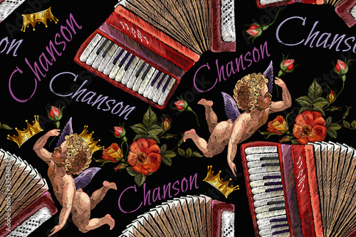 Embroidery two angels, accordion and roses flowers seamless pattern. Renaissance template for clothes, t-shirt design. Chanson slogan. Music art