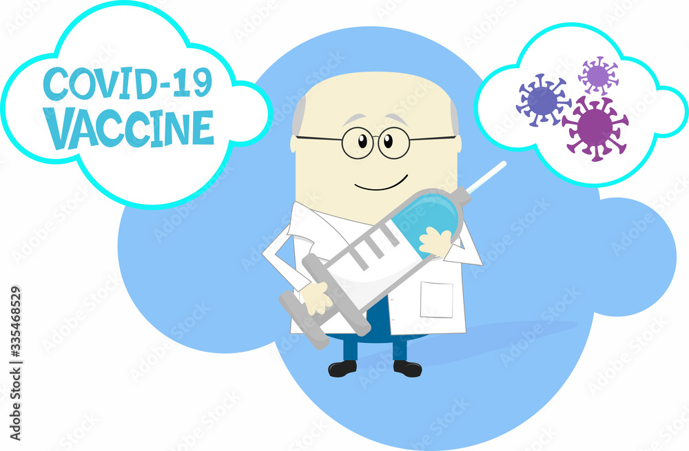 cartoon illustration of happy scientist holding big syringe with coronavirus vaccine. Isolated on white background cartoon illustration of happy scientist holding big syringe with coronavirus vaccine. Isolated on white background