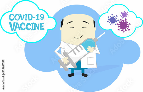 cartoon illustration of asian scientist holding big syringe with coronavirus vaccine. Isolated on white background