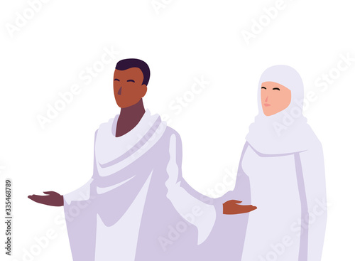 couple of people pilgrims hajj on white background