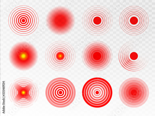 Red rings of pain to indicate localization of pain in different parts of the human body such as the back, neck, head, back and others. Pain red circle or localization mark. Vector icon set.