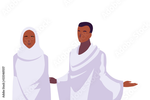 couple of people pilgrims hajj on white background