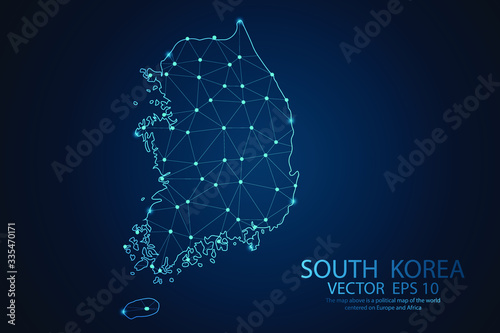 Abstract mesh line and Point scales on dark background with map of South Korea. Wire frame 3D mesh polygonal network line, design sphere, dot and structure. Vector illustration eps 10.