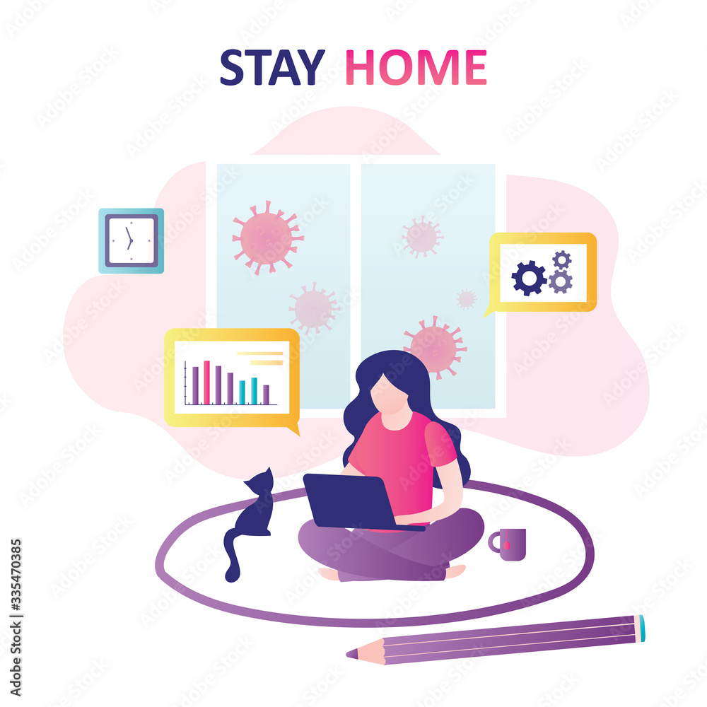 Self-Isolation or self quarantine. Freelancer woman work at home. Protective circle around the girl Self-Isolation or self quarantine. Freelancer woman work at home. Protective circle around the girl