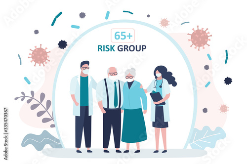Grandparents parents  is protected from viruses and diseases. Doctors and elderly couple.