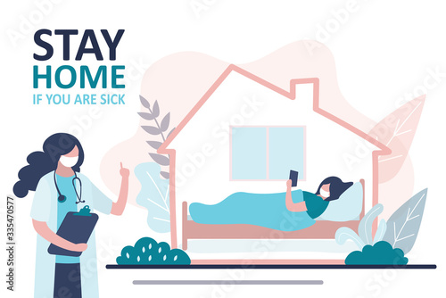 Stay home banner. Female doctor warning about global viral pandemic covid-19. Sick woman stay at home. Quarantine or self-isolation.