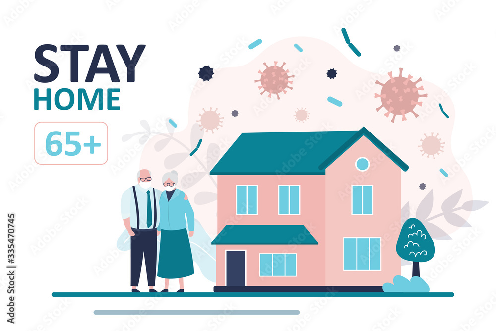 Stay home 65 and older banner template. Elderly couple and house. Quarantine or self-isolation. Stay home 65 and older banner template. Elderly couple and house. Quarantine or self-isolation.