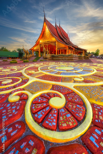 Beautiful floor pattern as foreground at Sirindhorn Wararam temple (Wat Phu Prao) at Ubonratchathani province in Thailand . © Jack