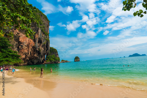 Idyllic Railay beach white sand with blue sky