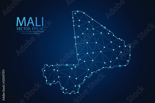 Abstract mash line and point scales on dark background with map of Mali. Wire frame 3D mesh polygonal network line, design sphere, dot and structure. Vector illustration eps 10.