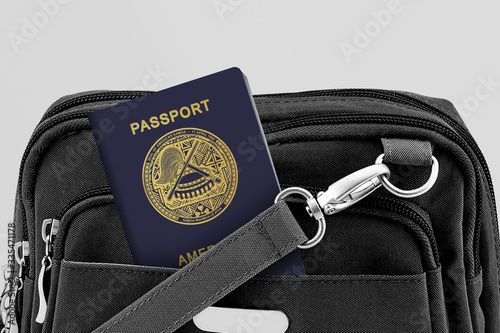 Close up of American Samao Passport in Black Travel Bag Pocket
