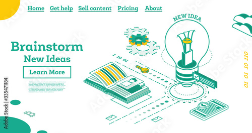 Brainstorm Isometric Outline Concept with Lamp. Brainstorm Landing Page. Innovation and Solution.