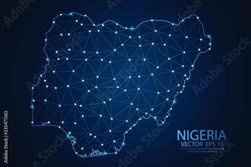 Abstract mash line and point scales on dark background with map of Nigeria. Wire frame 3D mesh polygonal network line, design sphere, dot and structure. Vector illustration eps 10.