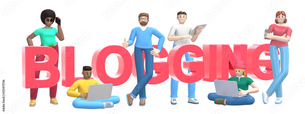Word blogging on white background. Group of young multicultural successful people with laptop, tablet, phone. Horizontal banner cartoon character and website slogan. 3D rendering.