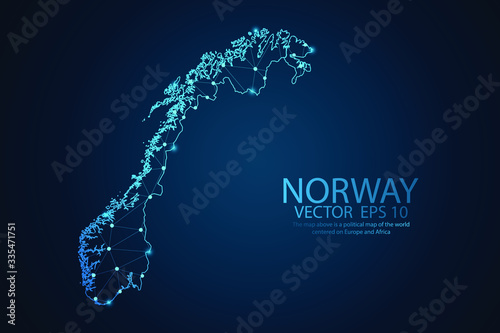 Abstract mash line and point scales on dark background with map of Norway. Wire frame 3D mesh polygonal network line, design sphere, dot and structure. Vector illustration eps 10.