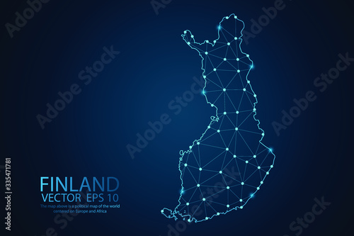 Abstract mesh line and point scales on dark background with map of Finland. Wire frame 3D mesh polygonal network line, Design sphere, dot and structure. Vector illustration eps 10.