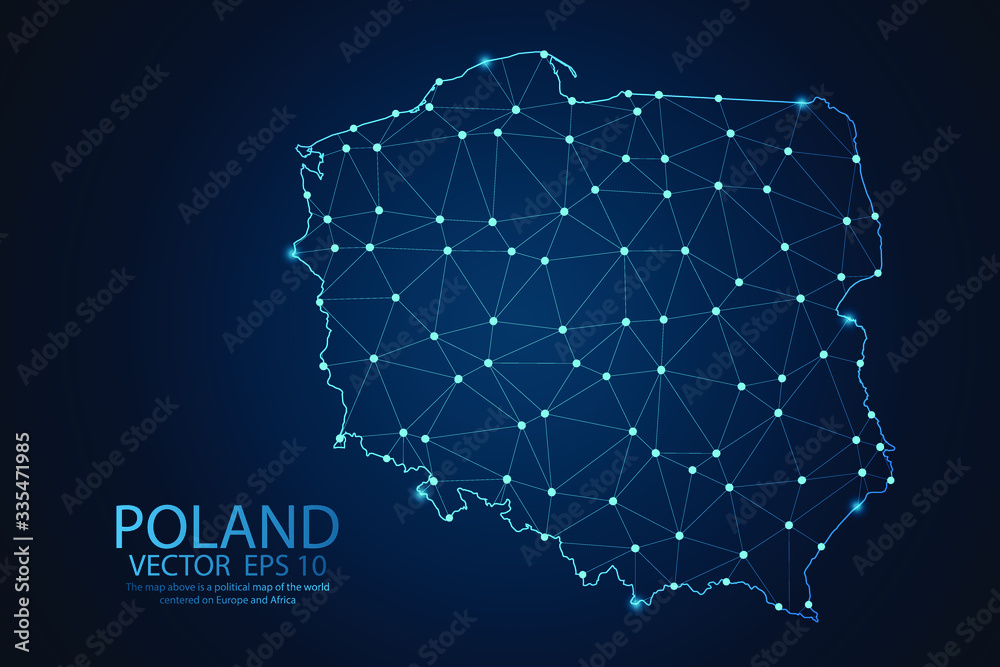 Fototapeta premium Streszczenie skale zacieru i punktowe na ciemnym tle z mapą Polski. Rama druciana Siatka 3D, wielokątna linia sieci, wielokątna kula projektowa, kropka i struktura. Ilustracja wektorowa eps 10.
