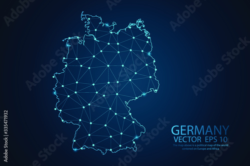 Abstract mesh line and point scales on dark Background with map of Germany. Wire frame 3D mesh polygonal network line, design sphere, dot and structure. Vector illustration eps 10.
