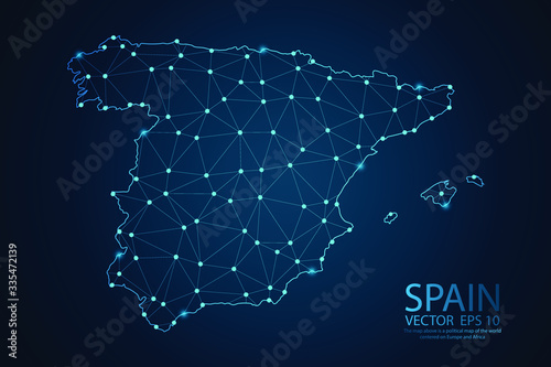 Abstract mesh line and point scales on dark background with map Of Spain. Wire frame 3D mesh polygonal network line, design sphere, dot and structure. Vector illustration eps 10.