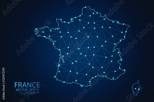 Abstract mesh line and point scales on dark background with map of France. Wire frame 3D mesh polygonal network line, design sphere, dot and structure. Vector illustration eps 10.