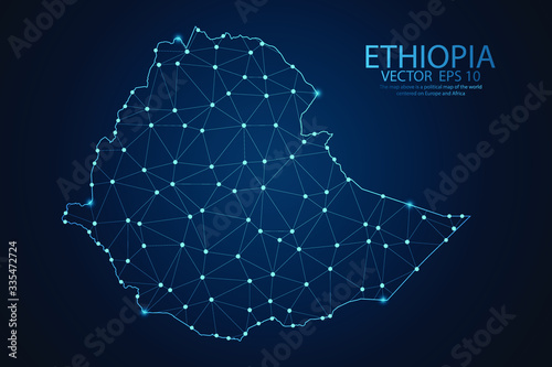 Abstract mesh line and point scales on dark background with map of Ethiopia. Wire frame 3D mesh polygonal network line, design sphere, dot and structure. Vector illustration eps 10.