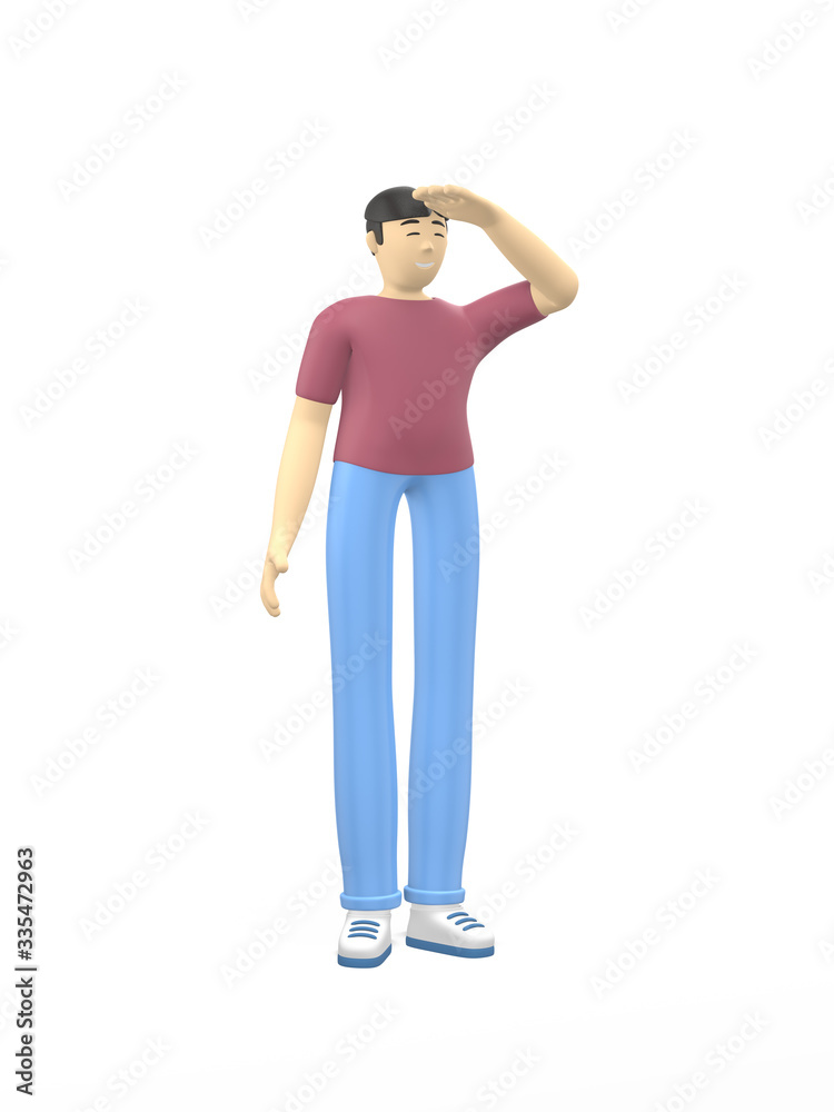 3D rendering character Asian guy hand in the eye, looking into the distance. Concept of planning, captain, perspective, hope. Positive illustration is isolated on a white background. 3D rendering character Asian guy hand in the eye, looking into the distance. Concept of planning, captain, perspective, hope. Positive illustration is isolated on a white background.